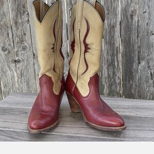 FRYE Bench Crafted Clam Burg Cowboy Boots Women 7.5 B Red Lizard Leather Shoes